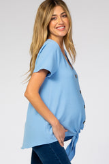 Light Blue Button Tie Front Maternity Top