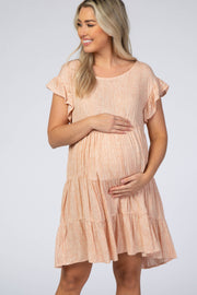 Peach Dot Print Tiered Ruffle Sleeve Maternity Dress