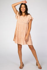 Peach Dot Print Tiered Ruffle Sleeve Dress