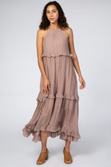 Dusty Pink Halter Neck Ruffle Trim Maxi Dress