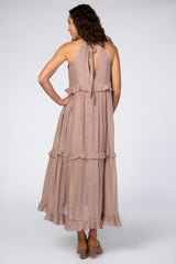 Dusty Pink Halter Neck Ruffle Trim Maxi Dress