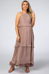 Dusty Pink Halter Neck Ruffle Trim Maternity Maxi Dress