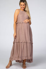 Dusty Pink Halter Neck Ruffle Trim Maternity Maxi Dress