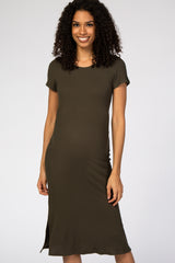 Olive Fitted Short Sleeve Maternity Midi Dress