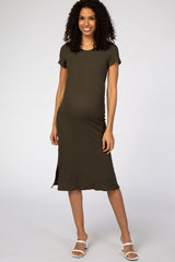 Olive Fitted Short Sleeve Maternity Midi Dress