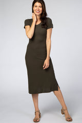 Olive Fitted Short Sleeve Maternity Midi Dress