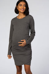 Grey Long Sleeve Wrap Hem Fitted Maternity Dress