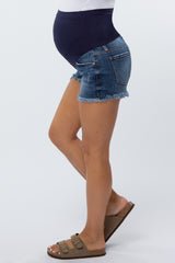 Navy Frayed Hem Slightly Distressed Maternity Jean Shorts