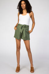 Olive Linen Pleated Front Tie Maternity Shorts