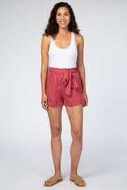 Mauve Linen Pleated Front Tie Shorts