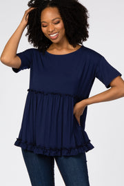 Navy Blue Lettuce Trim Top