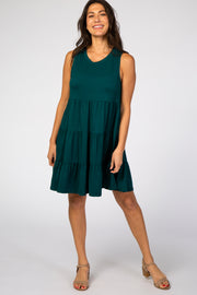 Forest Green Soft Knit Pleated Tiered Sleeveless Dress