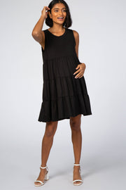 Black Soft Knit Pleated Tiered Sleeveless Maternity Dress