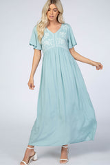 Light Blue Embroidered Short Sleeve Maxi Dress