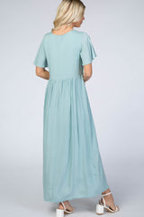 Light Blue Embroidered Short Sleeve Maxi Dress