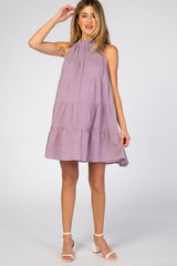 Lavender Mock Neck Ruffle Tiered Linen Maternity Dress