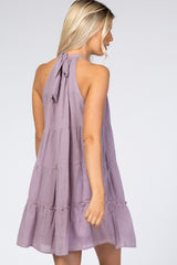 Lavender Mock Neck Ruffle Tiered Linen Dress