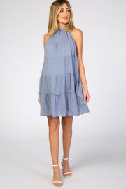 Light Blue Mock Neck Ruffle Tiered Linen Maternity Dress