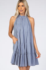 Light Blue Mock Neck Ruffle Tiered Linen Dress