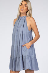 Light Blue Mock Neck Ruffle Tiered Linen Dress