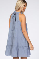 Light Blue Mock Neck Ruffle Tiered Linen Dress