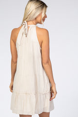 Beige Mock Neck Ruffle Tiered Linen Dress