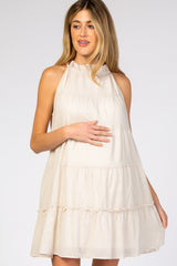 Beige Mock Neck Ruffle Tiered Linen Maternity Dress