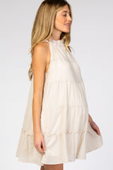 Beige Mock Neck Ruffle Tiered Linen Maternity Dress