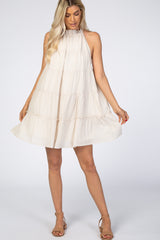 Beige Mock Neck Ruffle Tiered Linen Maternity Dress