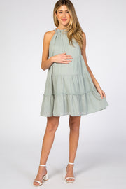 Mint Green Mock Neck Ruffle Tiered Linen Maternity Dress