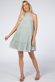 Mint Green Mock Neck Ruffle Tiered Linen Dress