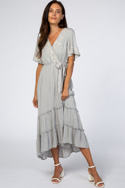 Grey Embroidered Wrap Nursing Midi Dress