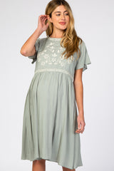 Light Olive Floral Embroidered Maternity Dress