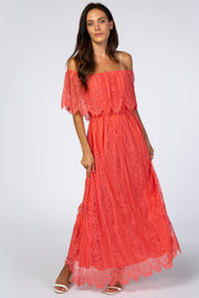 Coral Lace Off Shoulder Maxi Dress