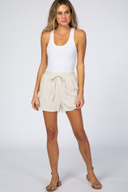 Beige Linen Fringe Hem Drawstring Shorts