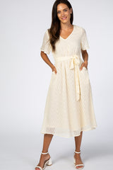 Ivory Textured Chiffon Waist Tie Midi Dress