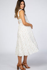 Ivory Floral Square Neck Shoulder Tie Maternity Midi Dress