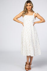 Ivory Floral Square Neck Shoulder Tie Maternity Midi Dress