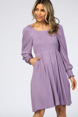 Lavender Smocked Long Sleeve Maternity Dress