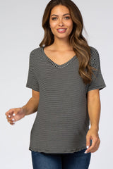 Black Striped V-Neck Maternity Short Sleeve Top