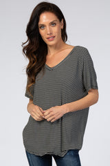 Black Striped V-Neck Maternity Short Sleeve Top