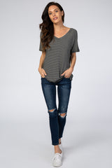 Black Striped V-Neck Short Sleeve Top