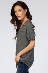 Black Striped V-Neck Short Sleeve Top