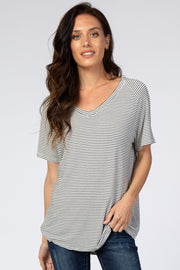 White Striped V-Neck Short Sleeve Top