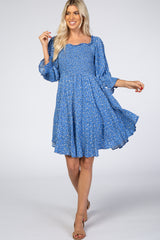 Blue Floral Smocked Maternity Dress