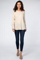 Beige Waffle Knit Long Button Sleeve Top