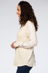 Beige Waffle Knit Long Button Sleeve Top