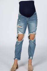 Light Blue Open Knee Distressed Cropped Maternity Jeans