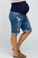 Medium Wash Distressed Denim Plus Maternity Shorts