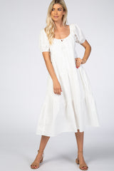 White Tie Front Puff Sleeve Midi Dress